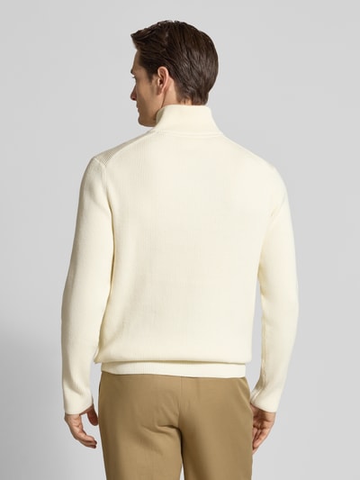 Männermodel trägt Strickpullover mit Stehkragen und Reißverschluss von Lindbergh, Baumwoll-Mix, Ripp-Optik, Regular Fit, Ganzkörperansicht Rückansicht