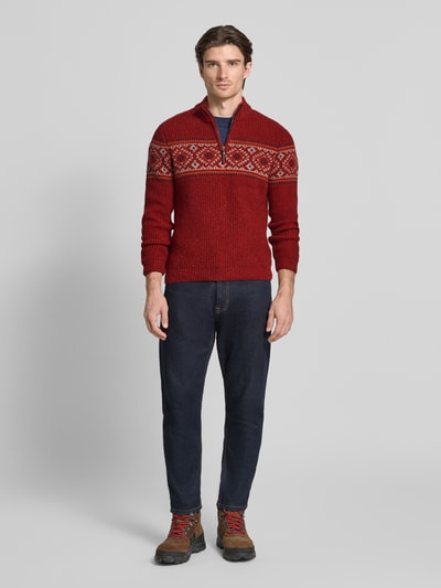 RAGMAN Sweter z mieszanki wełny z norweskim wzorem i kołnierzem zapinanym Czerwony 1