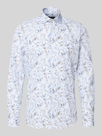 Produktfoto, Body Fit Businesshemd aus Baumwoll-Mix von OLYMP Level 5, weiß mit blau-beigem Paisley-Muster, glatte Struktur