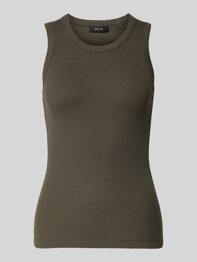 Produktfoto, Slim Fit Top mit Rundhalsausschnitt Modell 'Lesso' von OPUS, in Olivgrün, Struktur Baumwoll-Mix, Rückenlänge 59 cm bei Größe 36.