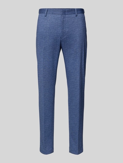 Produktfoto, blaue Straight Fit Anzughose mit Viskose-Anteil Modell 'Rick' von Pierre Cardin, elastischer Material-Mix, Bügelfalten, Gesäßtaschen, Bundweite 39 cm, Innenbeinlänge 81 cm, feine Stoffstruktur.