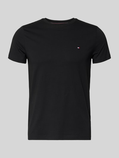 Productfoto, Slim Fit T-Shirt met ronde hals van Tommy Hilfiger, zwart, katoen-elastaanmix, logo borduursel, maat MD ruglengte 69 cm