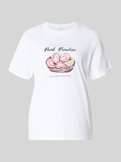 Produktfoto, weißes Regular Fit T-Shirt aus reiner Baumwolle von s.Oliver RED LABEL, grafischer Aufdruck in Rosa und Grün auf der Vorderseite. Damen T-Shirt von s.Oliver RED LABEL.