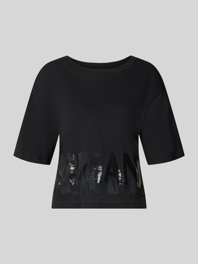 Produktfoto, t-shirt met pailletten van Armani Exchange, puur katoen, los model, ronde hals, labelprint met pailletten, ruglengte maat S 45 cm