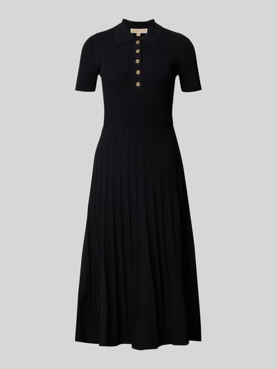 Produktfoto, Polokleid aus Viskose-Mix mit Knopfleiste von MICHAEL Michael Kors, czarny, linia a, sukienka midi, efekt prążkowania, listwa guzikowa, mieszanka wiskozy z dodatkiem streczu, długość tyłu w rozmiarze s 114 cm, szerokość w rozmiarze s 40 cm, długość rękawów w rozmiarze s 24 cm