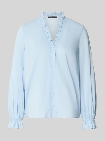 Productfoto, Regular Fit Bluse mit V-Ausschnitt van zero, dames blouse in lichtblauw katoenmix met stretch, rouches, maat 36 ruglengte 61 cm, mouwlengte 64 cm