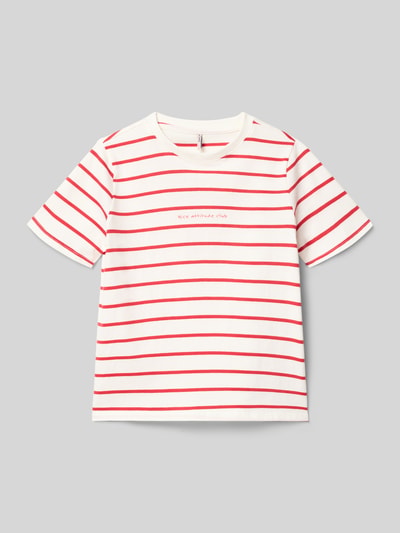 Produktfoto, Regular Fit T-Shirt aus reiner Bio-Baumwolle Modell 'HELLE' von Only mit Allover-Muster, weiß-rot gestreift, Jersey-Oberfläche
