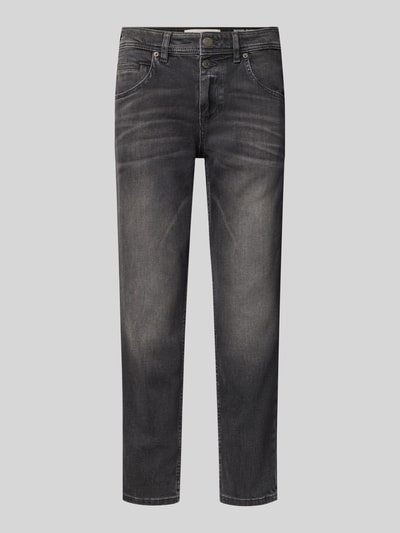 Produktfoto, Mid Waist Straight Fit Jeans mit Knopfleiste von Marc O'Polo, denim, używany wygląd, średnie spranie, 5 kieszeni, szlufki, przeszycia, zaszewka w pasie