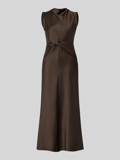 Produktfoto, Cocktailkleid aus Satin mit Raffungen von Rinascimento in Braun, taillierte Passform, ärmellos, Midilänge, glänzende Textur.