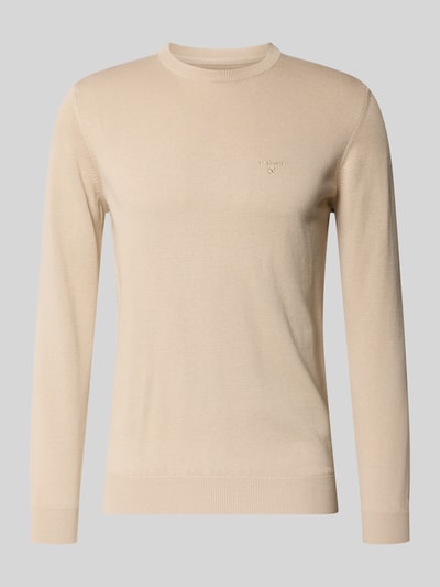 Produktfoto, Regular Fit Strickpullover aus reiner Baumwolle Modell 'PIMA' von Barbour in Optik: Unifarben, Label-Stitching, Crew Neck, langarm, gerippter Rumpfabschluss, Materialverarbeitung: Strick, Farbe: Beige