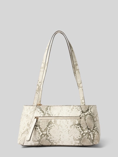 Produktfoto, Shoulder Bag mit Allover-Schlangen-Print Modell 'Devon' von GUESS in Beige-Grau-Tönen, Reißverschluss, schmaler Schulterriemen, Logo-Detail, strukturierte Oberfläche, Breite 31 cm, Länge 16 cm, Tiefe 14 cm, Riemenlänge 70 cm.