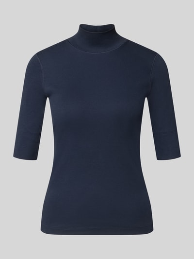 Produktfoto, Slim Fit Longsleeve aus Baumwoll-Mix von Marc Cain in Dunkelblau, Stehkragen, 1/2-Arm, elastische glatte Textur, Größe 36, Rückenlänge 58 cm