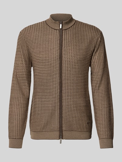 Produktfoto, Strickjacke mit Woll-Anteil von Emporio Armani in Braun, Material-Mix mit Lyocell-Woll-Mix, Gerade Passform, Stehkragen, Zweiwege-Reißverschluss, elastische Abschlüsse, feine Waffelstruktur, Rückenlänge 69 cm, Ärmellänge 70 cm, für Herren