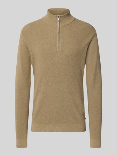 Produktfoto, Slim Fit Troyer aus Baumwoll-Mix von Matinique in Beige, mit Troyer-Kragen, geripptem Bund und langen Ärmeln, schlichte Textur