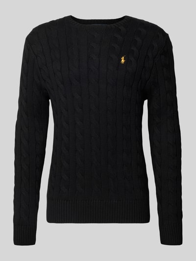 Produktfoto, schwarzer Strickpullover mit Label-Stitching von Polo Ralph Lauren aus reiner Baumwolle, Regular-Fit, gerippte Abschlüsse, Rundhalsausschnitt