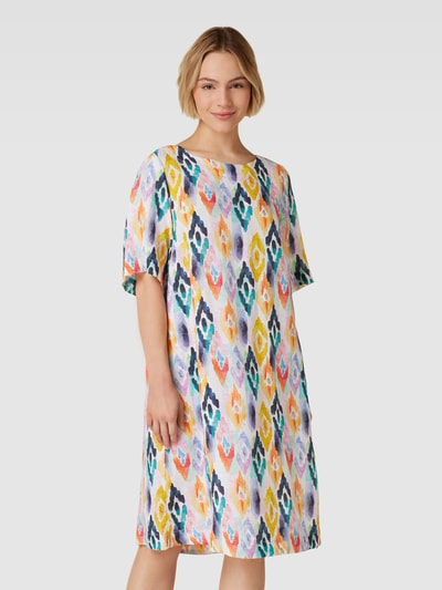 Christian Berg Woman Knielanges Kleid aus Leinen mit Allover-Print Weiss 4