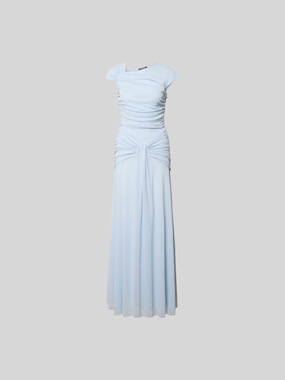 Produktfoto, Maxikleid in asymmetrischem Design von ROTATE, hellblau, Elastischer-Material-Mix, Körpernahe Passform, V-Ausschnitt, Raffungen, Kurzärmelig, Gesamtlänge 150 cm, Brustweite 34 cm, Taillenweite 31 cm.
