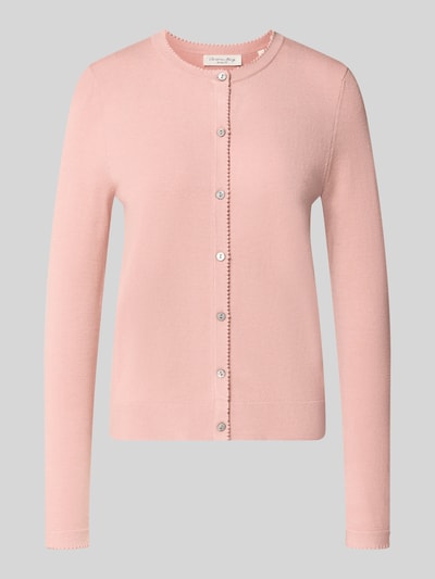 Produktfoto, Regular Fit Strickjacke aus Viskose-Mix mit Muschelsaum von Christian Berg Woman, Lichtroze, knoopsluiting, lange mouw, ribboorden, ruglengte maat S 56 cm, mouwlengte maat S 61 cm, zachte stof met geschulpte zoom