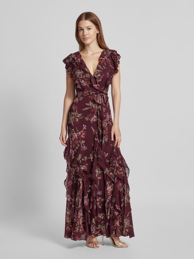 Lauren Ralph Lauren Avondjurk met volants en strikceintuur, model 'DARBILNE' Bordeaux - 4