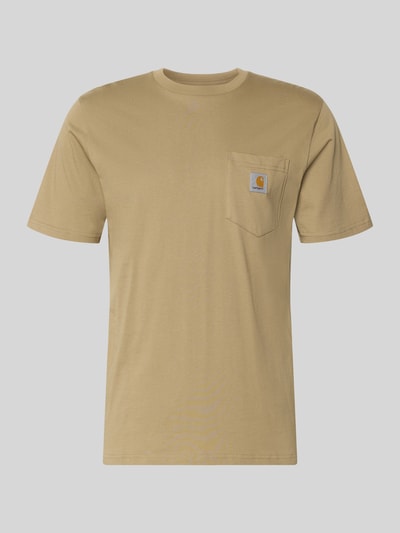 Produktfoto, Regular Fit T-Shirt mit Logo-Patch von Carhartt Work In Progress aus reiner Baumwolle in Beige mit Rundhalsausschnitt, Brusttasche.