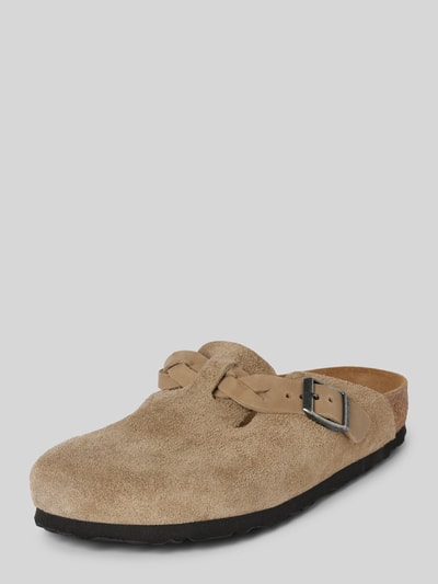 Birkenstock Lederslides mit Dornschließe Modell 'Boston LEVE' Taupe 1