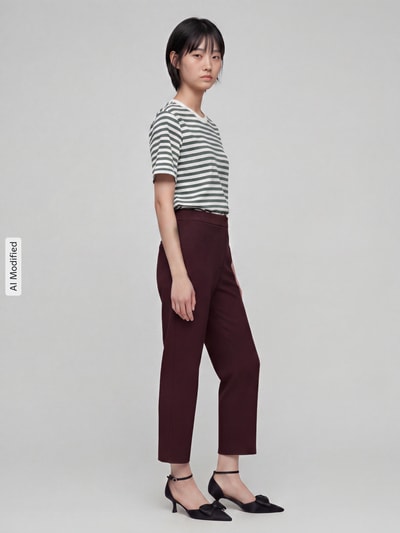 Vrouwenmodel draagt Regular Fit Barrel Leg broek met labeldetail Model 'PHIBI' van Raffaello Rossi, look: effen, sweatmateriaal, zijzakken, achterzakken, high waist, elastische boord, volledige lichaamsaanzicht van voren.