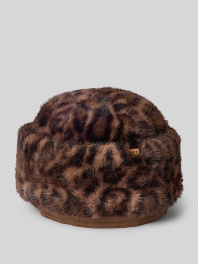 Produktfoto, Mütze mit breitem Umschlag Modell 'CHERRYBUSH' von Barts, braunes Kunstfell mit Leopardenmuster und flauschiger Textur. Damen Mütze von Barts