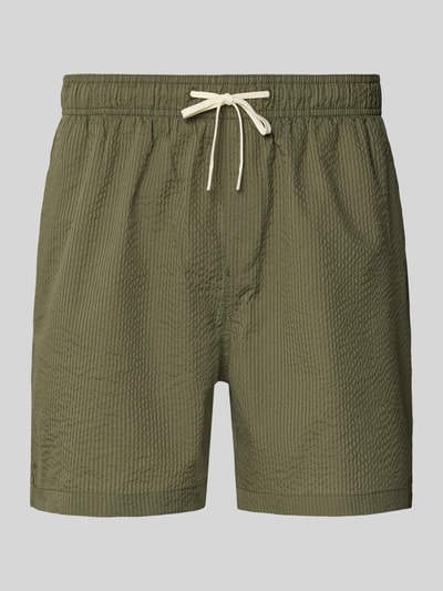 Produktfoto, Badehose mit Baumwoll-Anteil Modell 'COOPER' von SELECTED HOMME, Optik:Allover-Muster, gestreift, olivgrün, elastischer Bund mit Tunnelzug, Gesäßtasche, Eingrifftaschen