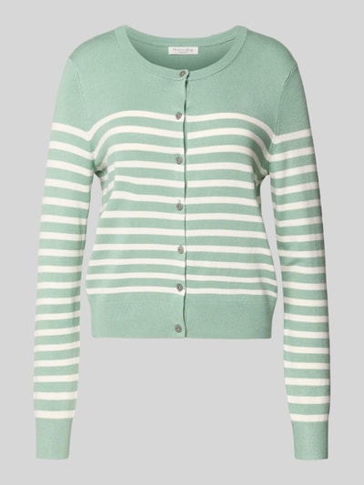 Produktfoto, Strickjacke aus Viskose-Mix mit Streifenmuster von Christian Berg Woman in Mintgrün mit weißen Streifen, Rundhals, Knopfleiste, Regular Fit