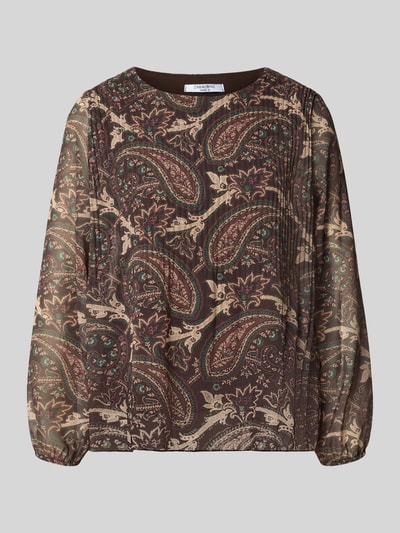 Produktfoto, Blusenshirt mit Plisseefalten Modell 'Ka44ia' von ZABAIONE, Chiffon mit Allover-Muster in Braun und Beige, Regular Fit, Rundhalsausschnitt, Damen Blusenshirt