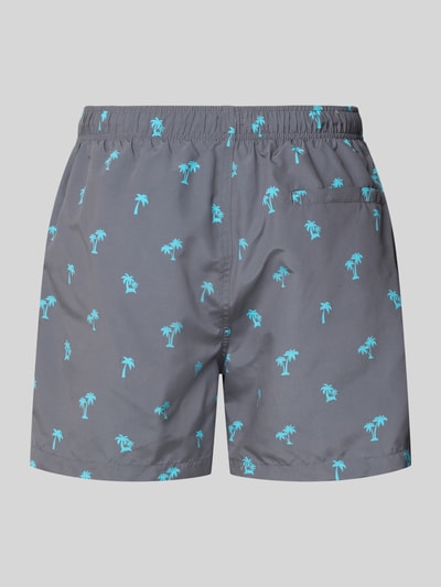 Produktfoto, Badehose mit elastischem Bund von MCNEAL für Herren, Regular-Fit, Tunnelzug, Eingriff- und Gesäßtaschen, grau mit türkisfarbenen Palmenprint
