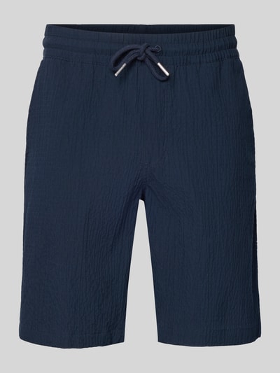 Produktfoto, Shorts mit elastischem Bund und Strukturmuster von Lindbergh, Herren Shorts aus Baumwoll-Mix mit Stretch-Anteil, Loose-Fit, Kordelzug, Seitliche Eingrifftaschen, Strukturmuster, Bundweite 42 cm, Innenbeinlänge 25 cm, dunkelblau, weiche Textur