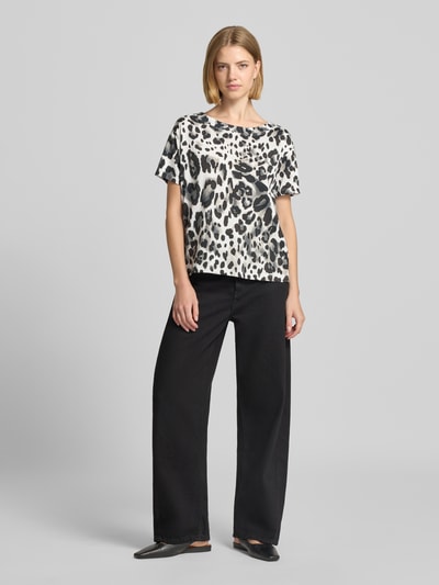 monari T-shirt in all-over look met ronde hals Donkerbruin - 1