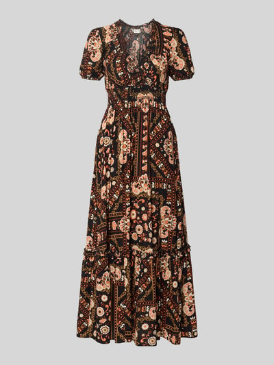 Produktfoto, Maxikleid aus Viskose mit V-Ausschnitt von Apricot, Reine Viskose, Taillierter Schnitt, Rüschenärmel, Volantsaum, florales Muster