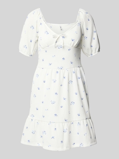 Produktfoto, Minikleid mit Puffärmeln Modell 'HILLARY' von Only, weiß mit blauem floralen Allover-Muster, Crêpe-Optik, tailliert