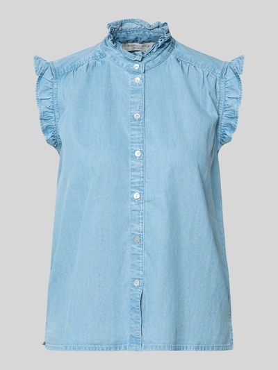 Produktfoto, Blusentop in Denim-Optik mit Rüschen van Christian Berg Woman, lichtblauw, regular fit, lyocell-katoenmix, staande kraag, knoopsluiting, fijne textuur