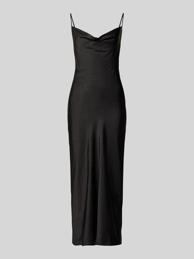 Produktfoto, schwarzes Midikleid mit Allover-Ziersteinbesatz in Crinkle-Optik, Satin, körpernahe Passform, Modell 'NEW AKILINA' von Guess.