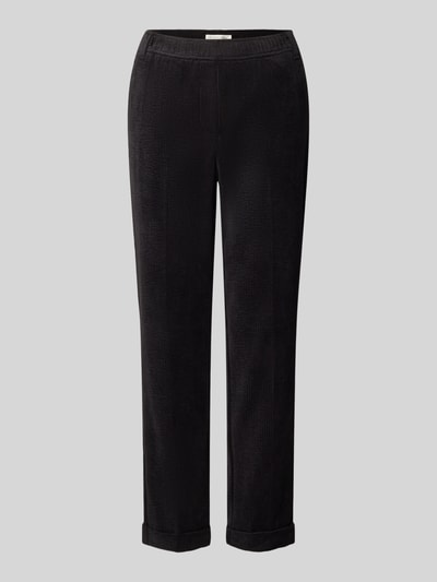 Produktfoto, Cordhose mit elastischem Bund von Christian Berg Woman in Schwarz, schmal zulaufende Form, samtige Struktur, sichtbare Seitentaschen, angedeutete Gesäßleistentaschen, Material-Mix mit Stretch-Anteil, Tapered Fit, neutrale graue Hintergrundfarbe