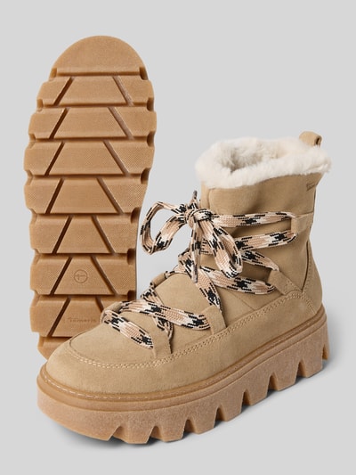 Produktfoto, kozaki zamszowe Boots aus echtem Rindsvelours von Tamaris, jednokolorowe, imitacja zamszu, okrągły nosek, koturn, wytłaczane logo, wiązanie, zamek błyskawiczny, profilowana podeszwa, wykończenie: skóra welurowa, materiał: czyste welurowe bydlece