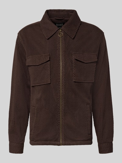 Produktfoto, Regular Fit Hemdjacke mit Strukturmuster von Scotch & Soda, brązowa bawełna, krój regular fit, zamek, kieszenie, kołnierz, długość tyłu w rozmiarze M: 70 cm