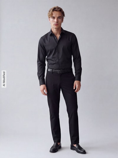 Männermodel trägt Regular Fit Business Hemd mit Kentkragen aus reiner Baumwolle von Seidensticker in Schwarz, Ganzkörperansicht von vorne, KI-modifiziertes Bild. Rückenlänge, Schulterbreite und Ärmellänge laut Größe 40.