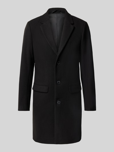 Produktfoto, schwarzer Mantel mit Reverskragen und Pattentaschen von Lindbergh, glatte Struktur, schlichte Knopfleiste, Slim Fit. Kontext: Damen Mantel von Lindbergh, Slim Fit, Reverskragen, Knopfleiste, Pattentaschen, Rückenlänge bei Größe M: 102 cm, Schulterbreite bei Größe M: 40 cm, Brustweite bei Größe M: 51 cm, Ärmellänge bei Größe M: 65 cm.