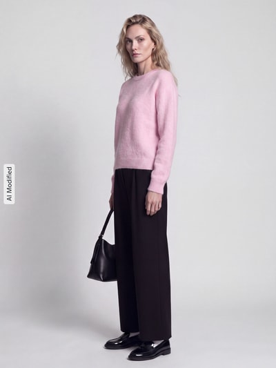 Kobieta modelka ma na sobie sweter Regular Fit Pullover mit Woll-Anteil Modell 'ALLY' od PIECES w jasnoróżowym kolorze, proste czarne spodnie, czarne buty, trzyma czarną torebkę, matowe tło, całkowity widok z przodu, KI-modifiziertes Bild.