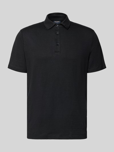 Produktfoto, schwarzes Regular Fit Poloshirt aus Leinen-Elasthan-Mix mit Knopfleiste und 1/2-Arm, Rückenlänge 70 cm, OLYMP Level Five