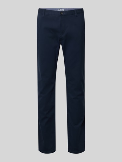 Produktfoto, Schmale Chino mit gerader Silhouette und mittlerer Bundhöhe von REVIEW in Dunkelblau, Slim Fit, Baumwoll-Elasthan-Mix, glatte Textur, Gesäßtaschen, Bundweite 43 cm, Innenbeinlänge 81 cm