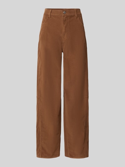 Produktfoto, Wide Fit Hose aus katoenmix van Oui, Corduroy look, bruine kleur, steekzakken voor en achter, knoop- en ritssluiting, Bandwijdte maat 36: 41 cm, Binnenbeenlengte maat 36: 75 cm