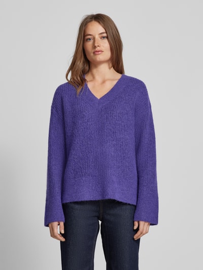 Selected Femme Gebreide pullover met V-hals, model 'ALVIA' Blauw gemêleerd - 4