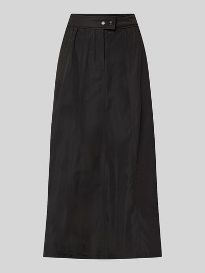 Productfoto, zwarte midirok met steekzakken, deelnaden en knoop- en ritssluiting, model in a-lijn, Midirok met Eingrifftaschen van Marc Cain, dames midirok, bandwijdte maat 36: 37 cm, totale lengte maat 36: 87 cm