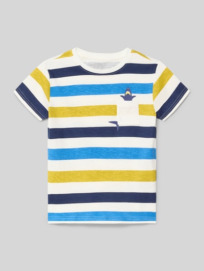 Produktfoto, Kinder T-Shirt aus Reine Baumwolle von Blue Seven im Allover-Look mit Brusttasche, Regular-Fit, Rundhalsausschnitt, Rückenlänge 47 cm bei Größe 116, gestreifte Optik in Blau, Weiß und Gelb, glatte Textur