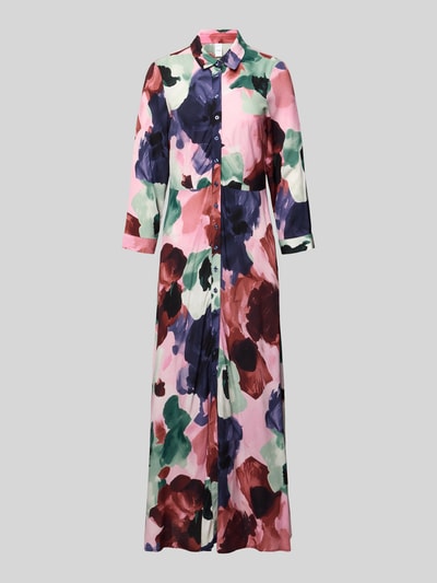 Produktfoto, overhemdjurk uit zuiver viscose met 3/4-mouw Model 'SAVANNA' van YAS, getailleerd model, maxi-jurk, overhemdkraag, knoopsluiting, ruglengte maat S 139 cm, borstwijdte 45 cm, mouwlengte 49 cm, meerkleurige vlekprint, gladde textuur